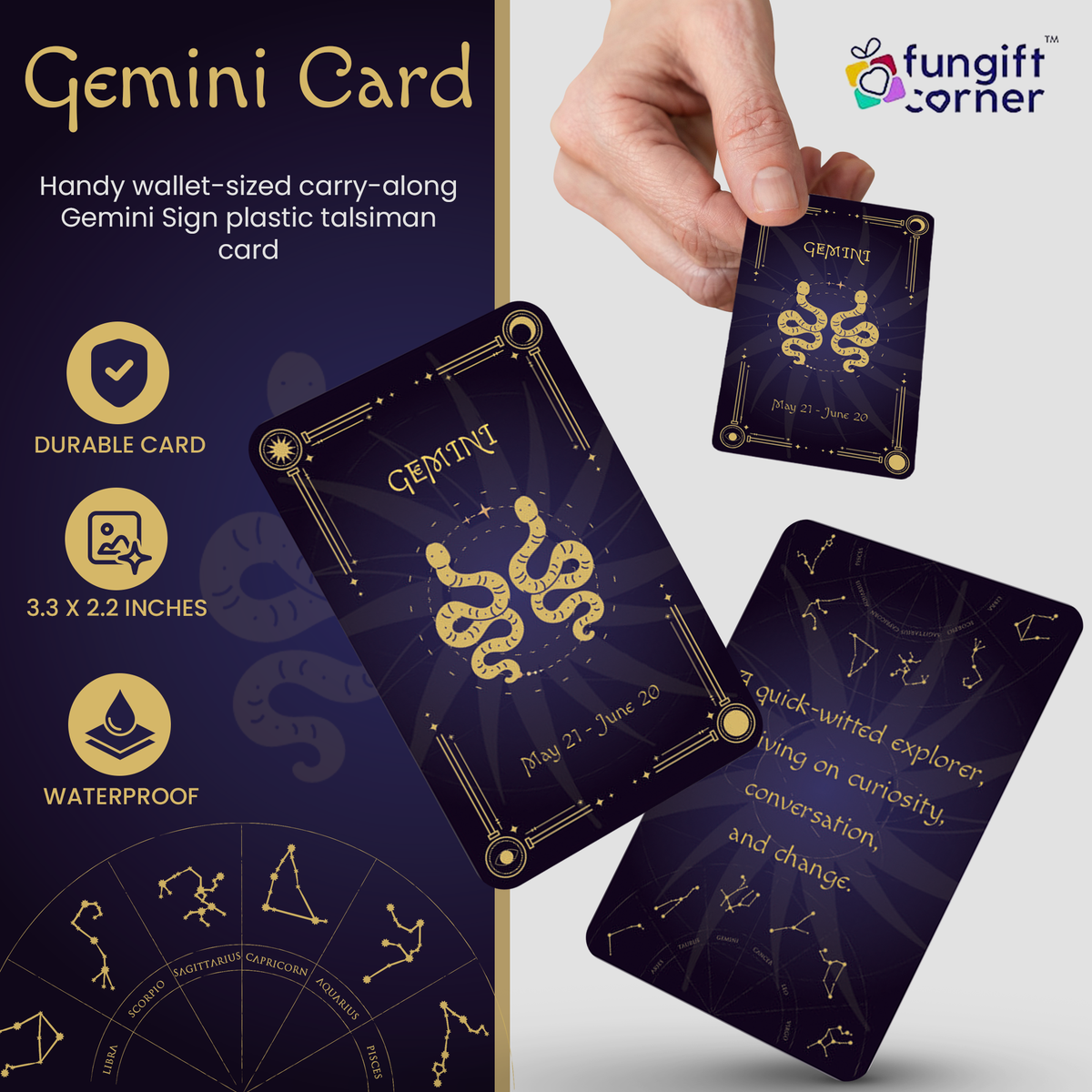 Gemini Zodiac Gift Set, Astrology Horoscope Keychain and Card, Unique Gemini Birthday Gift for Women and Men, May June Zodiac Sign Constellation Accessory, Made in USA (2-Pack)