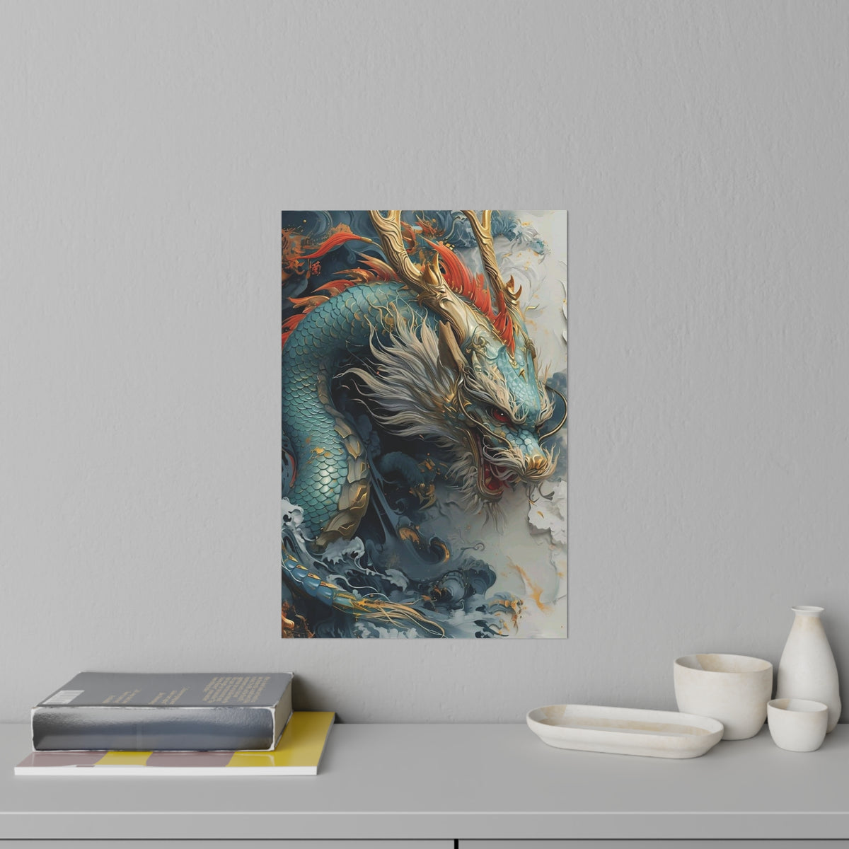 Chinese Dragon Wall Decal, Feng Shui Lucky Dragon Wall Art, Blue Asian Dragon Poster, Removable 12x18 Home Office Decor