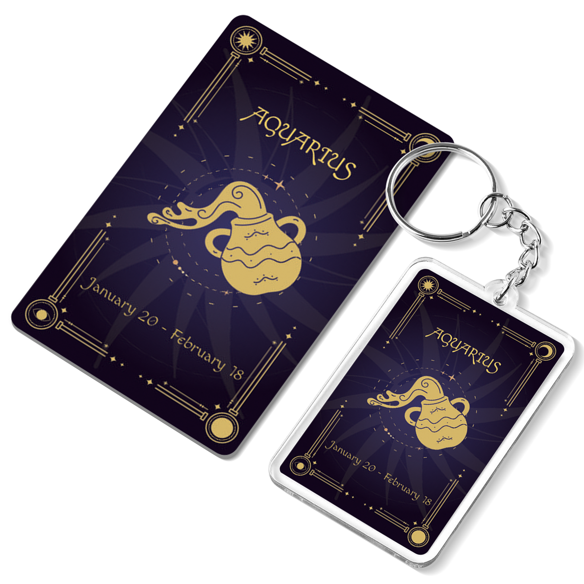 Aquarius Zodiac Gift Set, Astrology Horoscope Keychain and Card, Unique Aquarius Birthday Gift for Women and Men, January February Zodiac Sign Constellation Accessory (2-Pack)