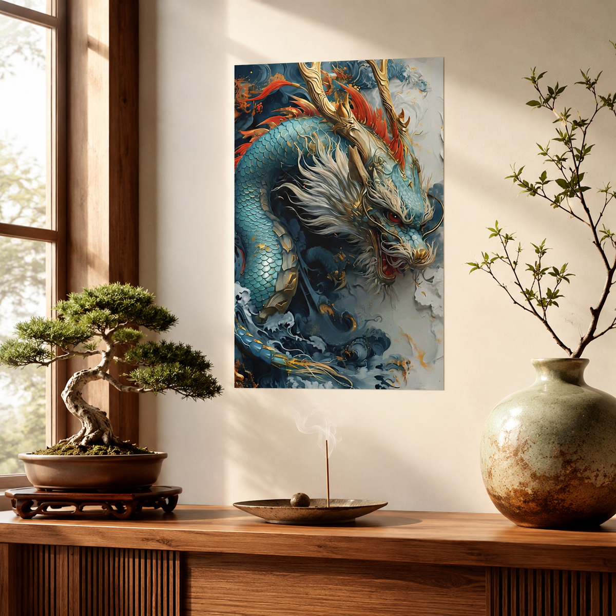 Chinese Dragon Wall Decal, Feng Shui Lucky Dragon Wall Art, Blue Asian Dragon Poster, Removable 12x18 Home Office Decor
