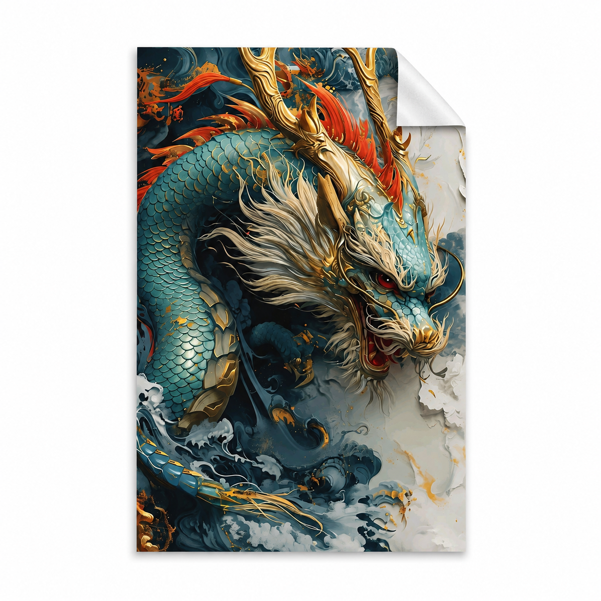Chinese Dragon Wall Decal, Feng Shui Lucky Dragon Wall Art, Blue Asian Dragon Poster, Removable 12x18 Home Office Decor