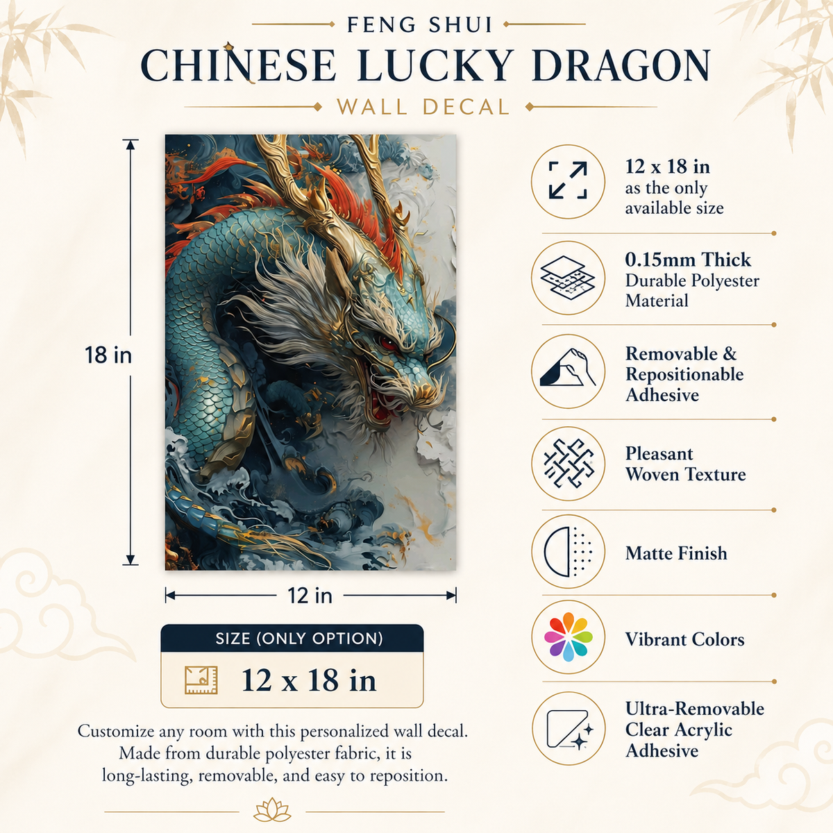 Chinese Dragon Wall Decal, Feng Shui Lucky Dragon Wall Art, Blue Asian Dragon Poster, Removable 12x18 Home Office Decor