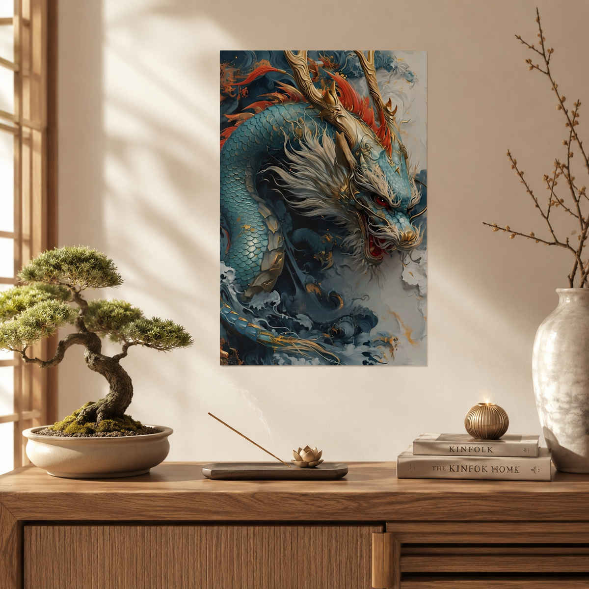 Chinese Dragon Wall Decal, Feng Shui Lucky Dragon Wall Art, Blue Asian Dragon Poster, Removable 12x18 Home Office Decor