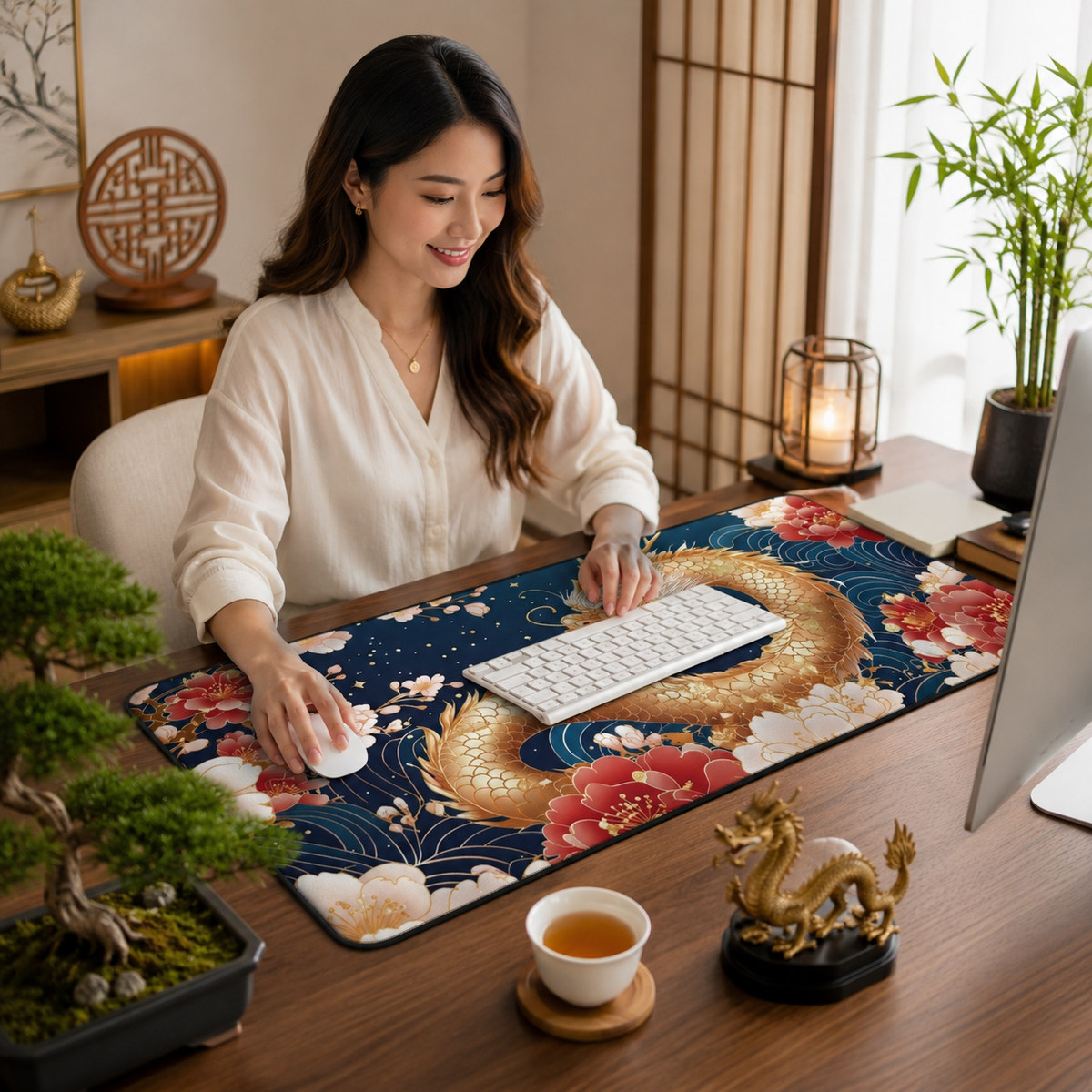 Golden Chinese Dragon Feng Shui Desk Mat, Wealth, Prosperity & Yang Energy Office Decor, 16x32 Neoprene Large Mouse Pad Gift