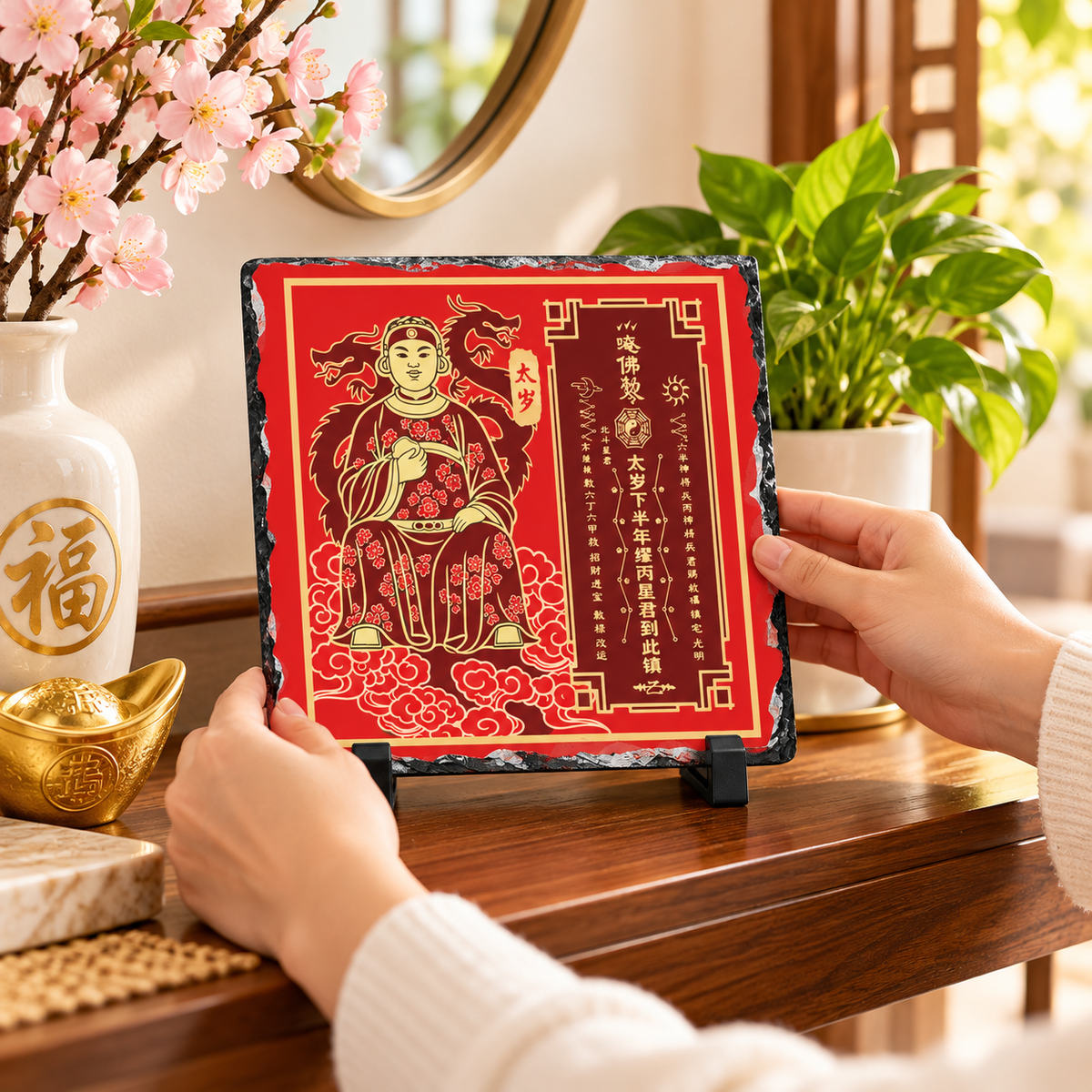 Tai Sui Plaque 2027, General Miao Bing, Natural Slate Feng Shui Plaque, 8" x 8"