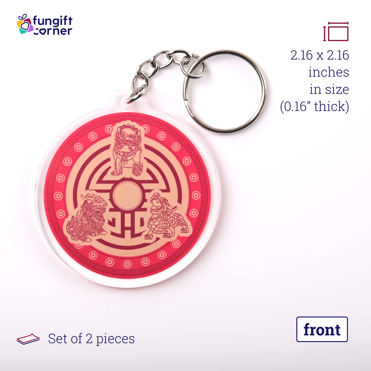 Set of 2 Three Celestials Protection Shield Amulet Keychains, Feng Shui Symbol for Protection, 2.16" Diameter x 0.16"H Thick, Lightweight and Durable Transparent Acrylic, Split Ring Closure Keychains - Store Feng Shui