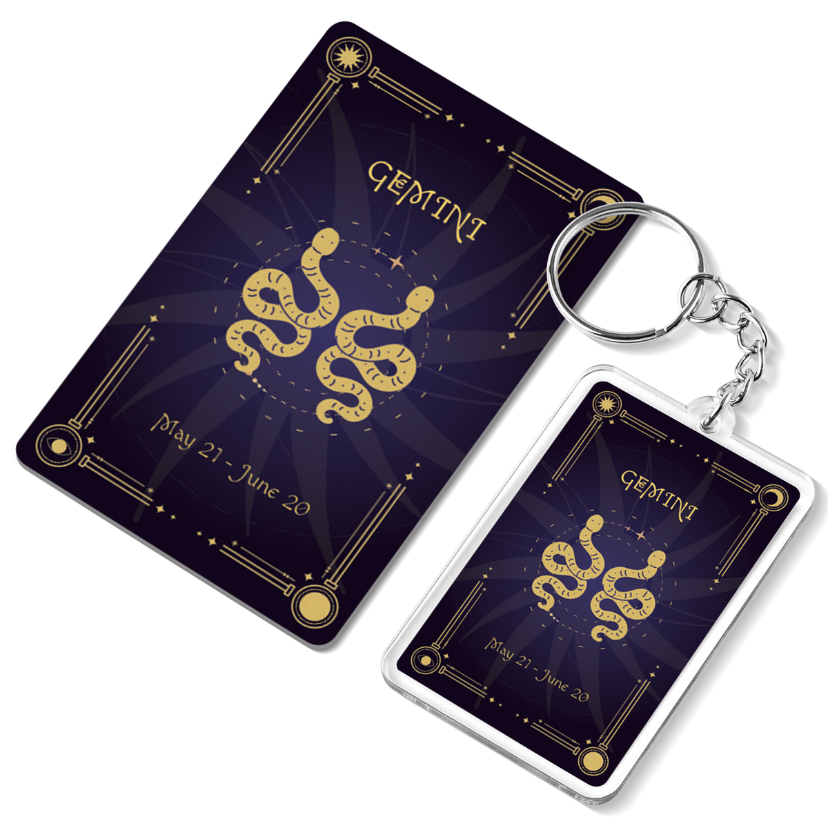 Gemini Zodiac Gift Set, Astrology Horoscope Keychain and Card, Unique Gemini Birthday Gift for Women and Men, May June Zodiac Sign Constellation Accessory, Made in USA (2-Pack)