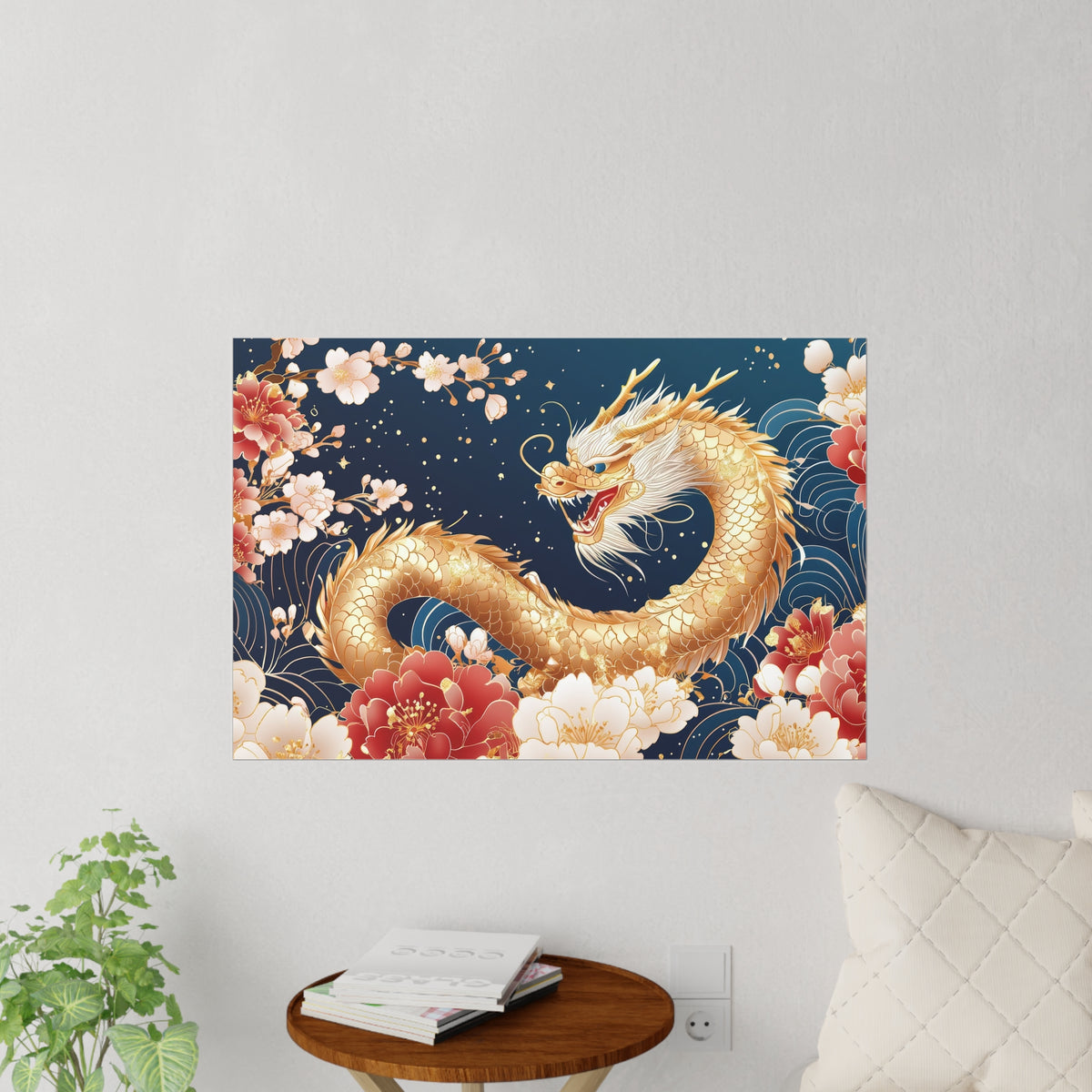 Golden Dragon Feng Shui Wall Decal, Chinese Dragon and Peony Wall Art, Removable Wall Sticker for Home Office Decor