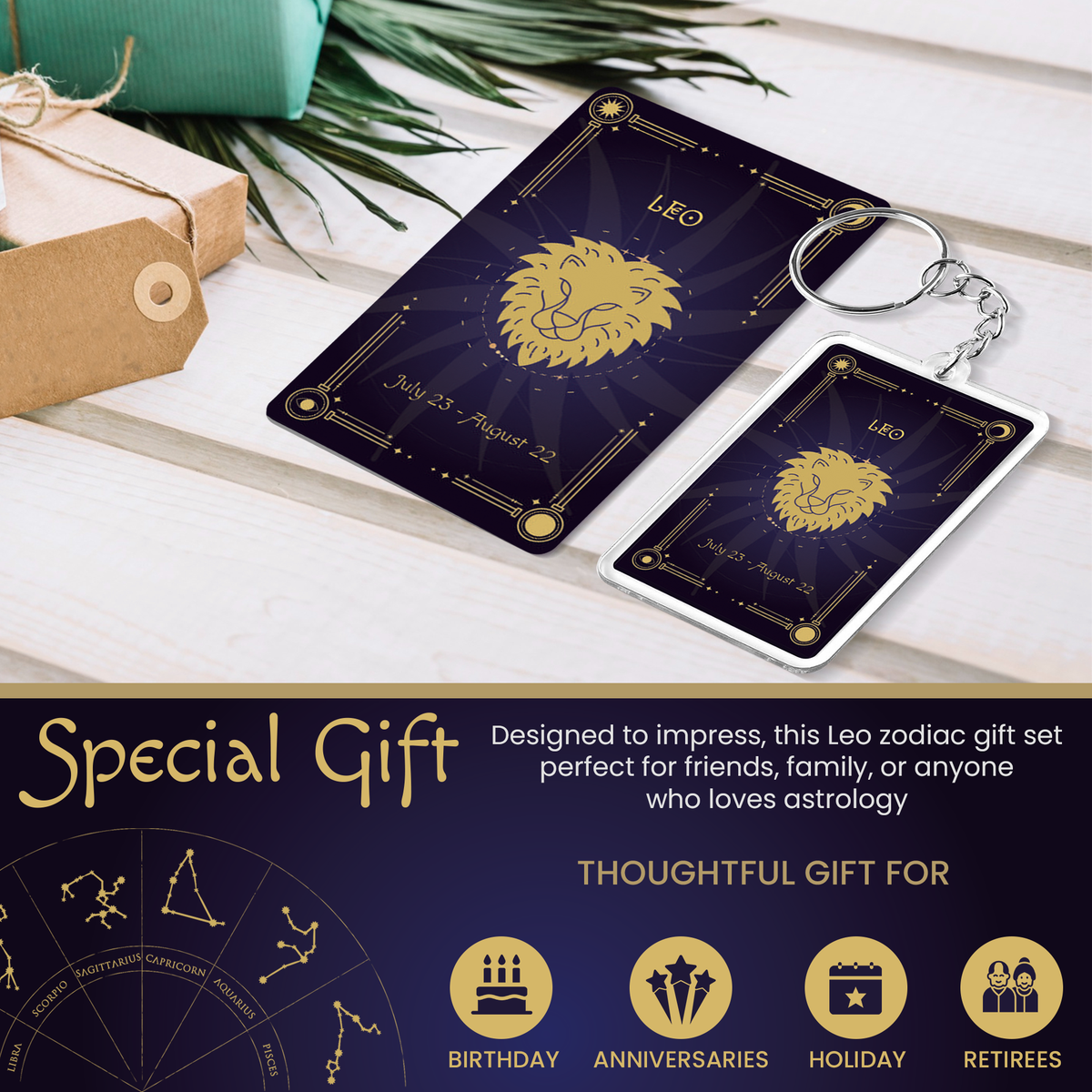 Leo Zodiac Gift Set, Astrology Horoscope Keychain and Card, Unique Leo Birthday Gift for Women and Men, July August Zodiac Sign Constellation Accessory, Made in USA (2-Pack)