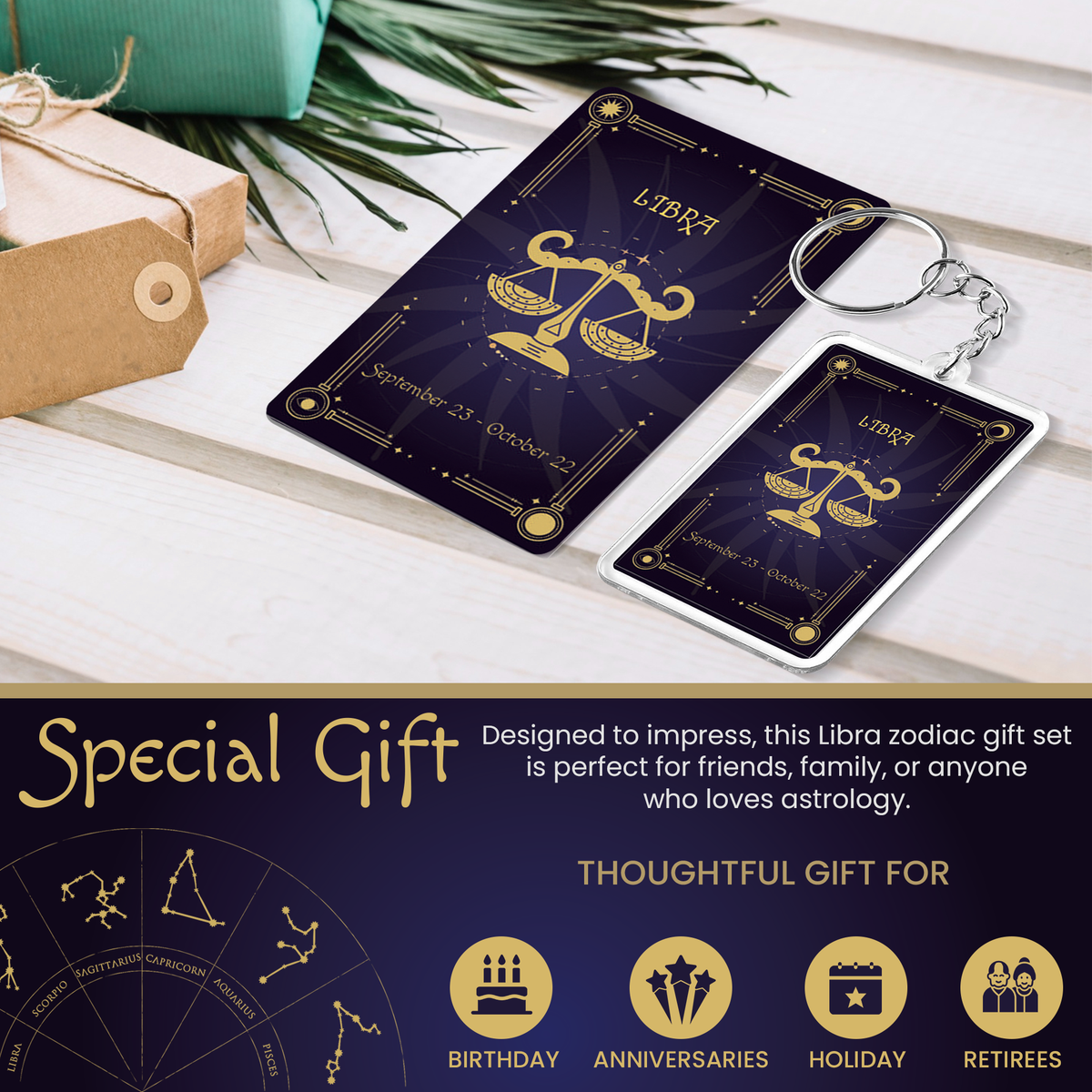 Libra Zodiac Gift Set, Astrology Horoscope Keychain and Card, Unique Libra Birthday Gift for Women and Men, September October Zodiac Sign Constellation Accessory, Made in USA (2-Pack)