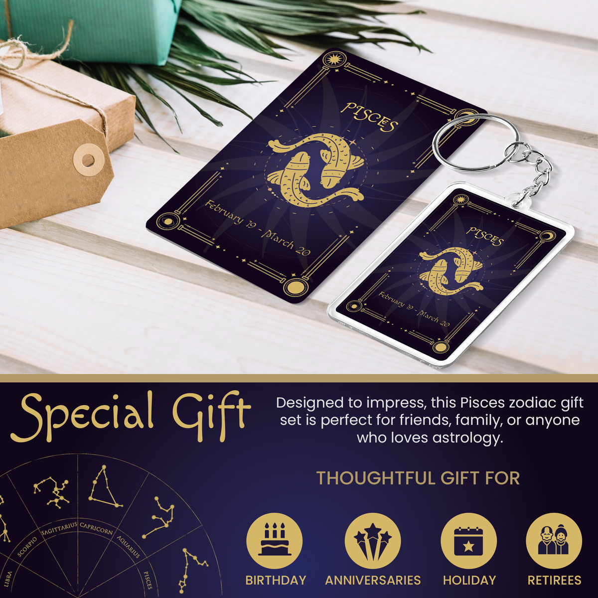 Pisces Zodiac Gift Set, Astrology Horoscope Keychain and Card, Unique Pisces Birthday Gift for Women and Men, February March Zodiac Sign Constellation Accessory, Made in USA (2-Pack)