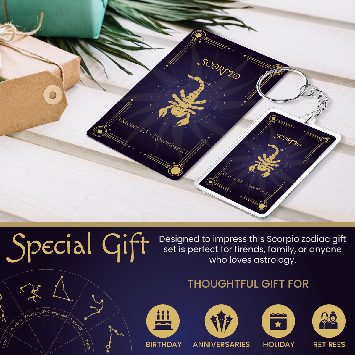 Scorpio Zodiac Gift Set, Astrology Horoscope Keychain and Card, Unique Scorpio Birthday Gift for Women and Men, October November Zodiac Sign Constellation Accessory, Made in USA (2-Pack)