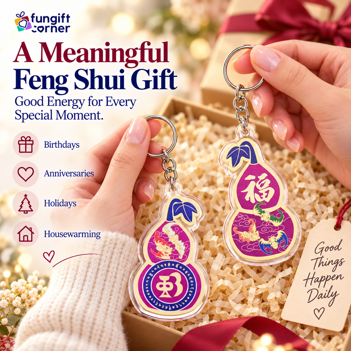 Five Blessings Wu Lou Amulet Feng Shui Keychains (2 Pack)