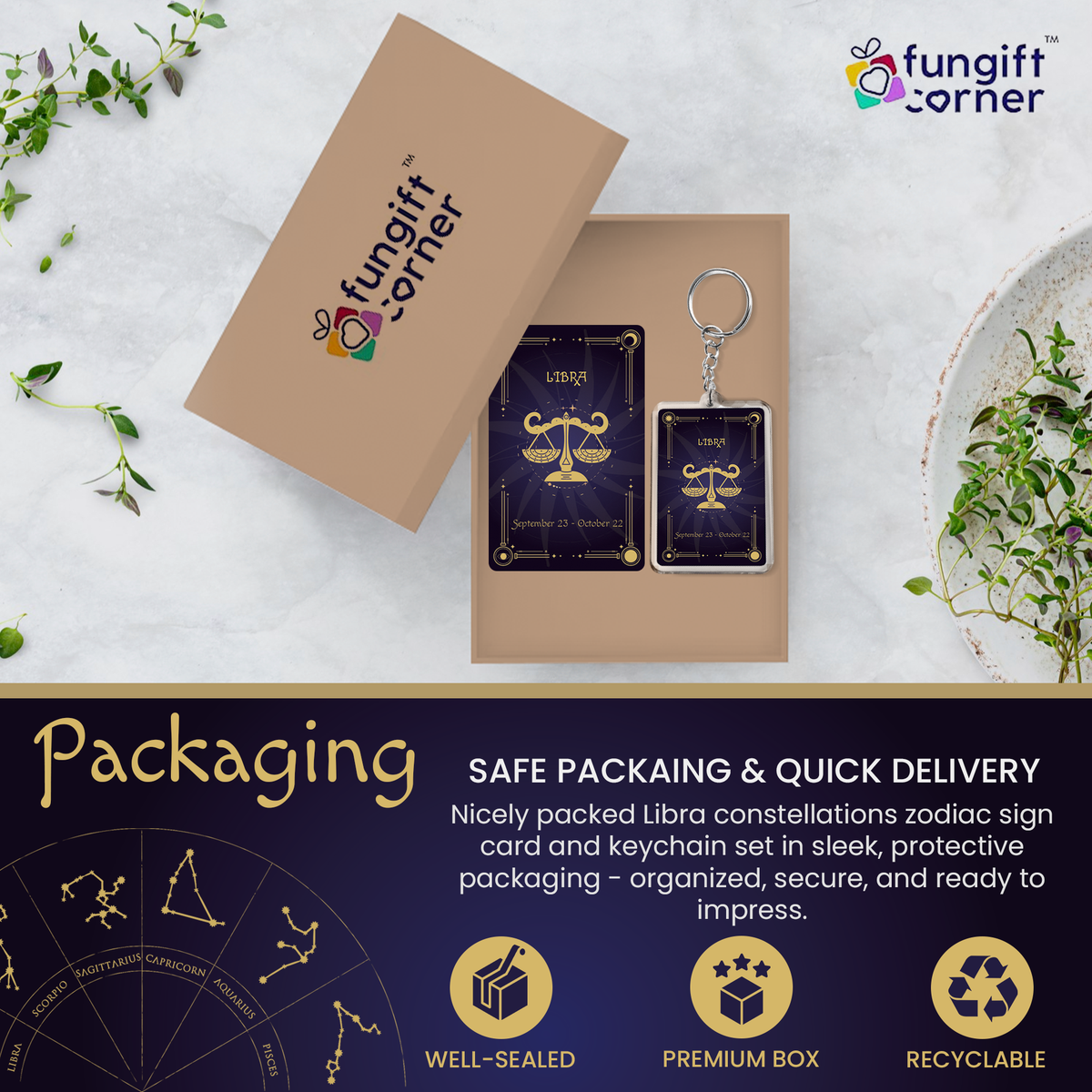 Libra Zodiac Gift Set, Astrology Horoscope Keychain and Card, Unique Libra Birthday Gift for Women and Men, September October Zodiac Sign Constellation Accessory, Made in USA (2-Pack)