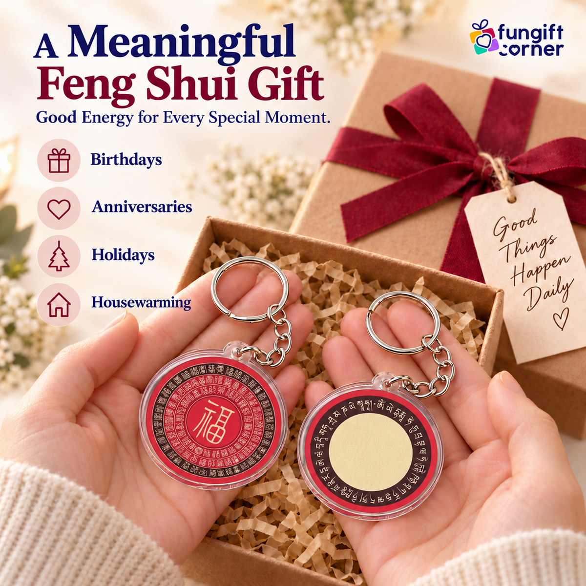 Big Auspicious 100 Fu Feng Shui Keychains, Acrylic (2 Pack)