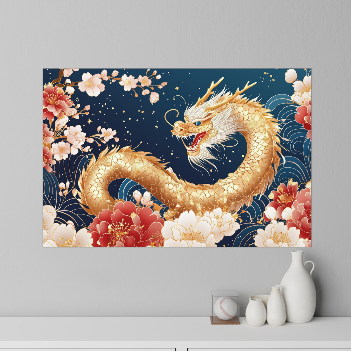 Golden Dragon Feng Shui Wall Decal, Chinese Dragon and Peony Wall Art, Removable Wall Sticker for Home Office Decor
