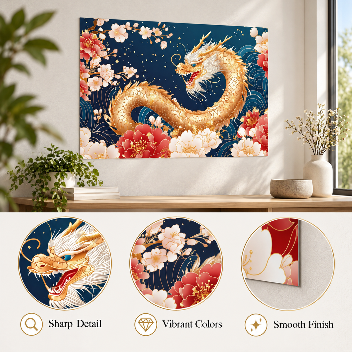 Golden Dragon Feng Shui Wall Decal, Chinese Dragon and Peony Wall Art, Removable Wall Sticker for Home Office Decor