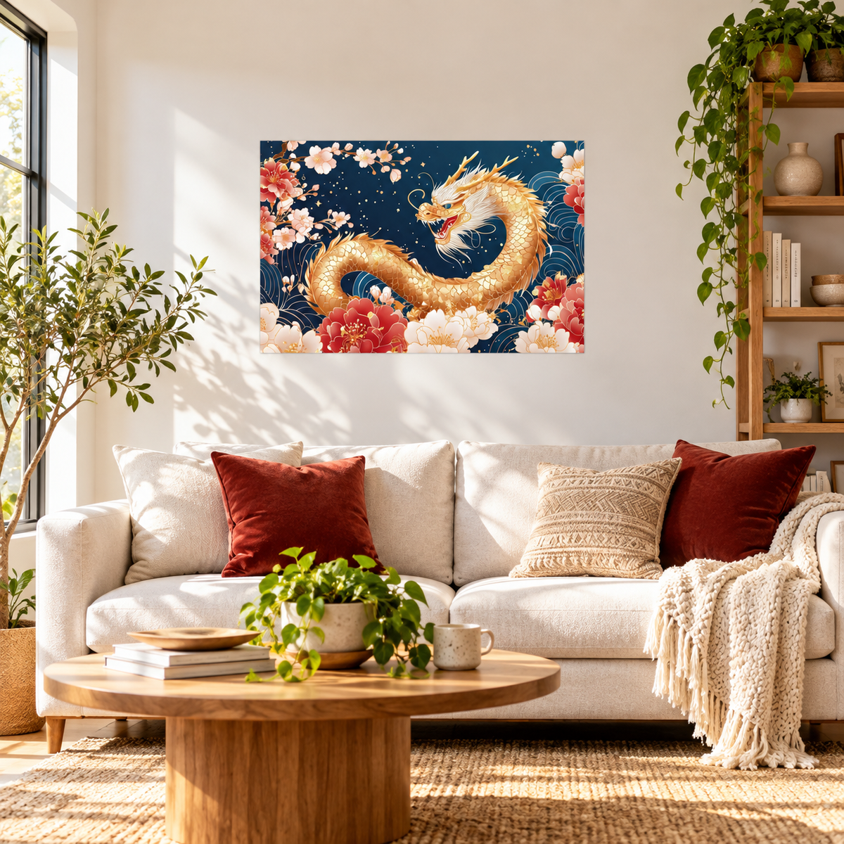Golden Dragon Feng Shui Wall Decal, Chinese Dragon and Peony Wall Art, Removable Wall Sticker for Home Office Decor