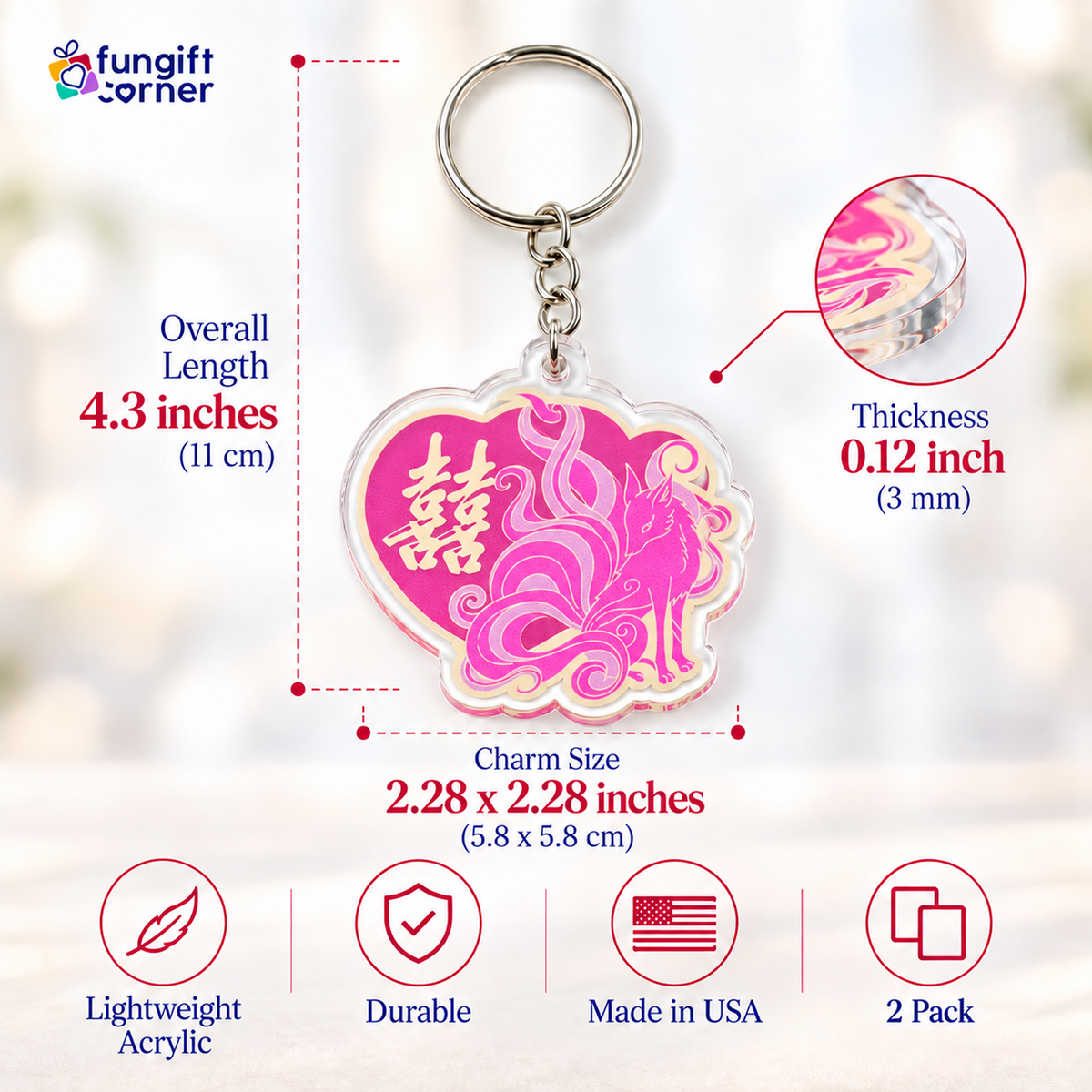 Nine Tailed Fox Love Feng Shui Amulet Keychains, Acrylic (2 Pack)