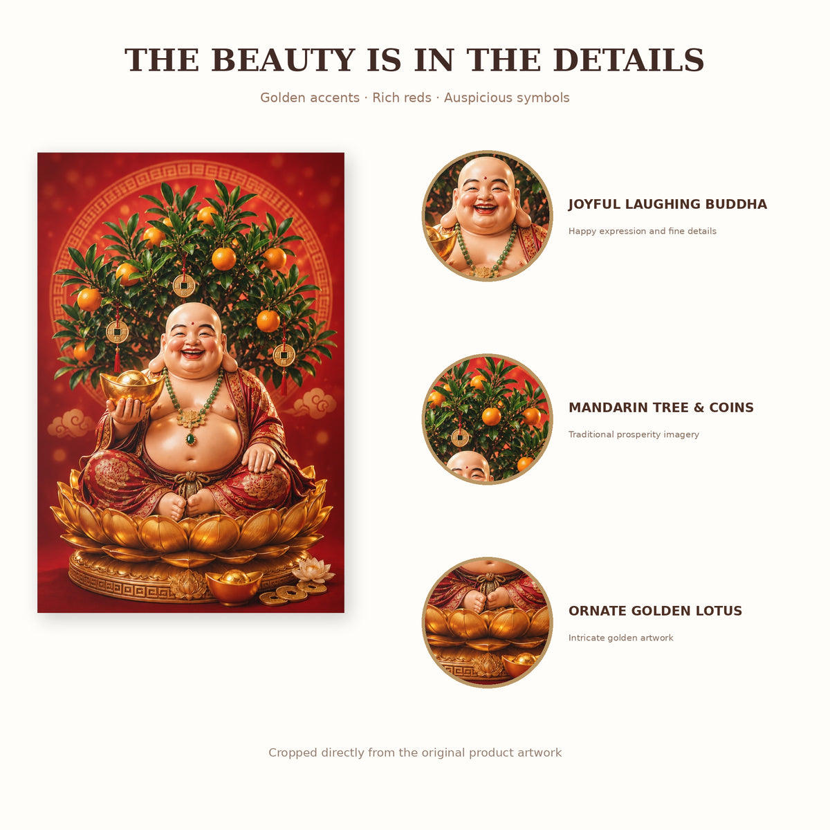 Laughing Buddha Wall Decal, Feng Shui Prosperity Art with Mandarin Tree and Gold Ingot