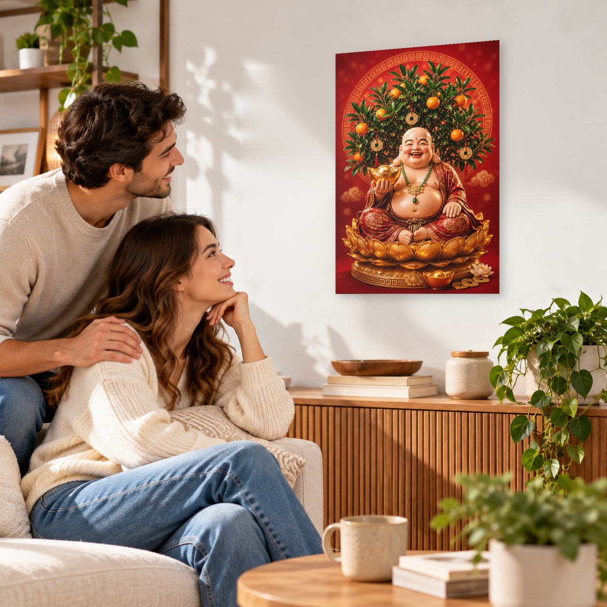 Laughing Buddha Wall Decal, Feng Shui Prosperity Art with Mandarin Tree and Gold Ingot