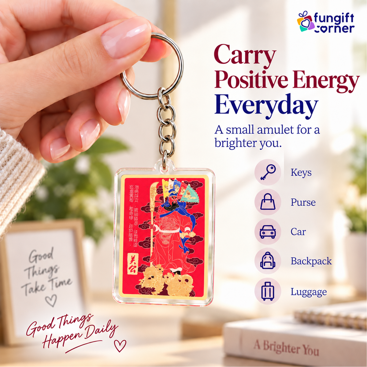 Magnificent Kwan Kung with 5 Flags Amulet Feng Shui Keychains (2 Pack)