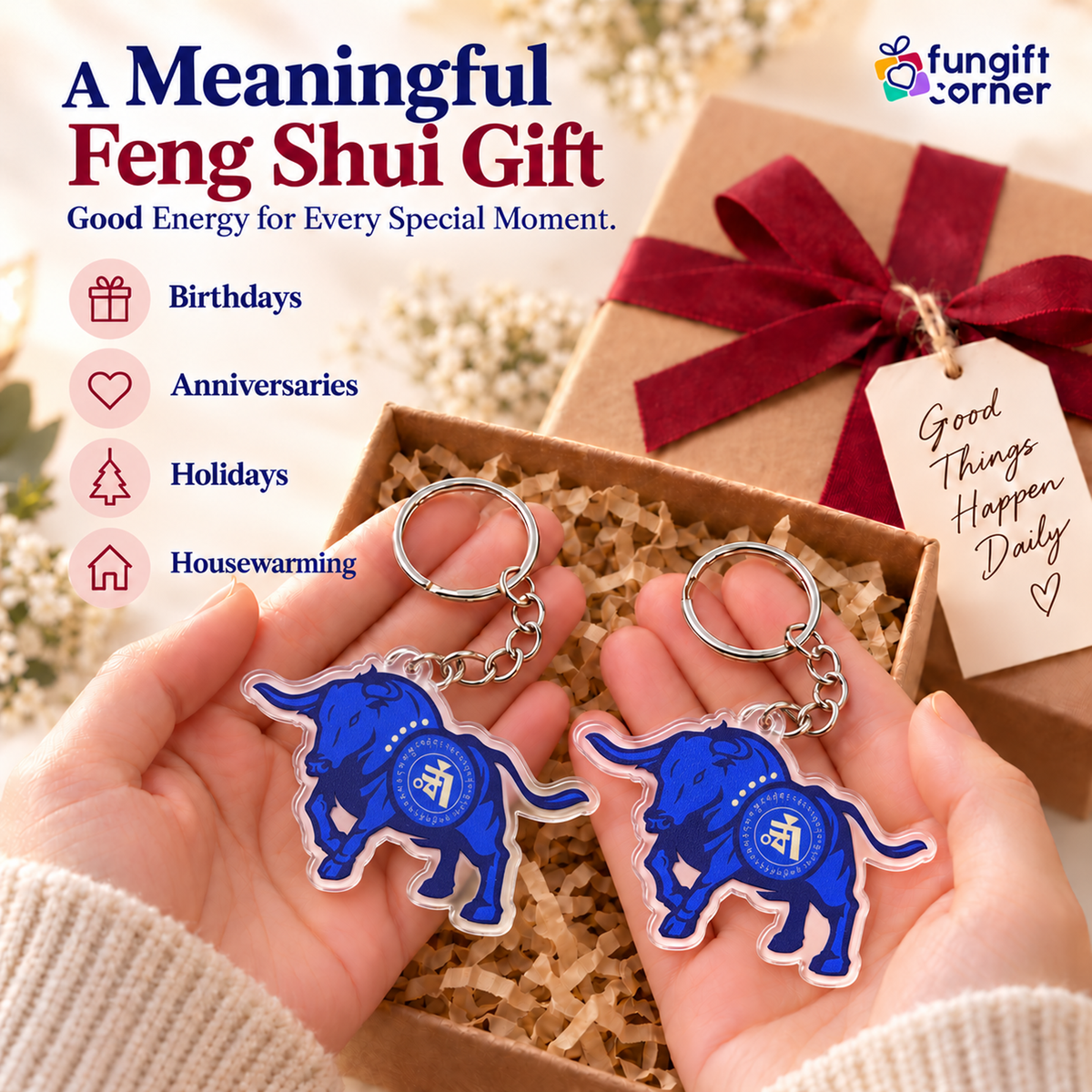Big Money Bull Amulet Feng Shui Keychains (2 Pack)