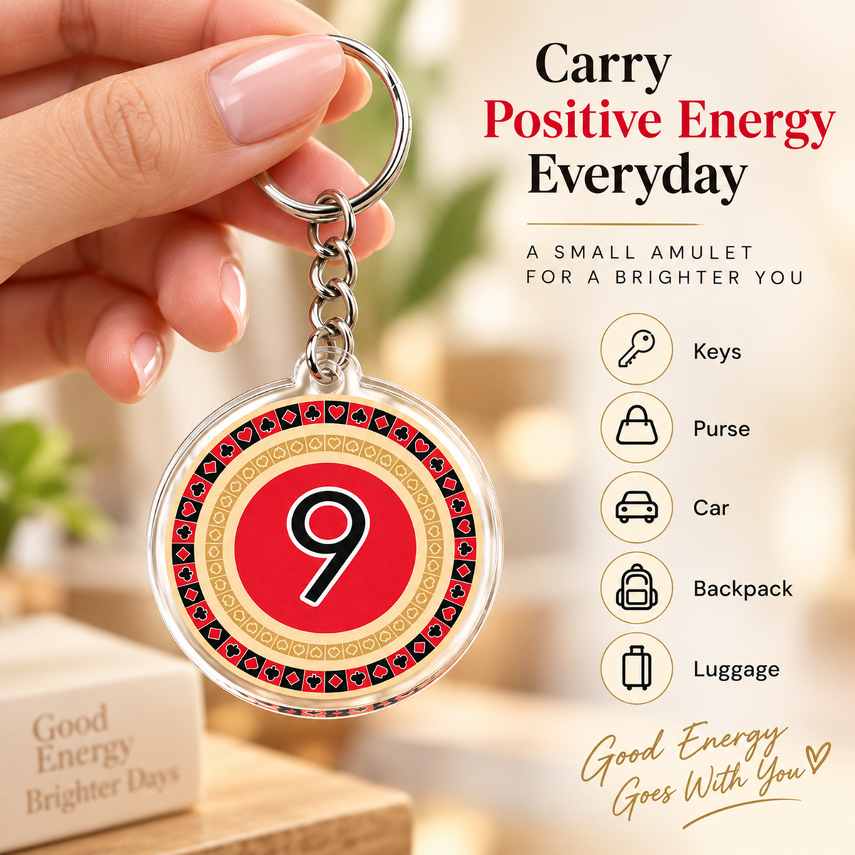 Number 9 Wealth Feng Shui Amulet Keychains, Acrylic (2 Pack)