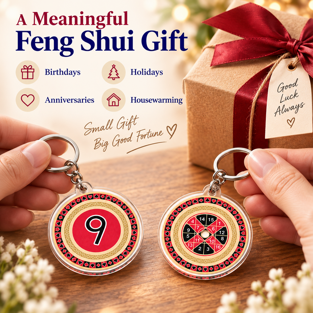 Number 9 Wealth Feng Shui Amulet Keychains, Acrylic (2 Pack)