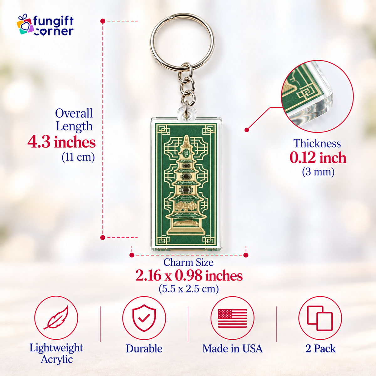 Pagoda Scholastic Feng Shui Amulet Keychains, Acrylic (2 Pack)