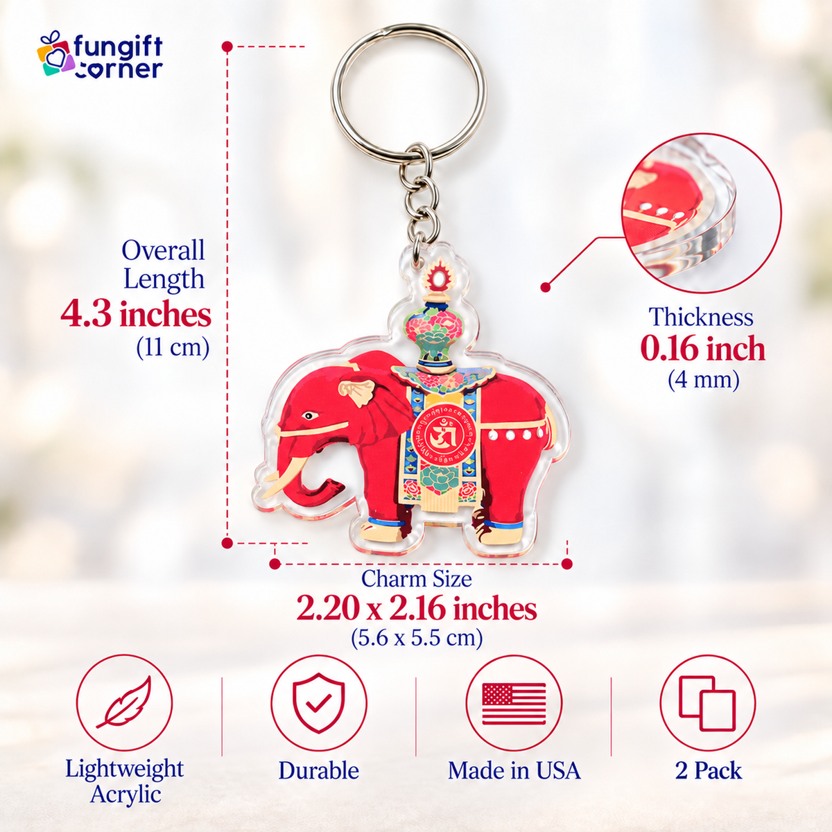 Red Prosperity Elephant Amulet Feng Shui Keychain (2 Pack)