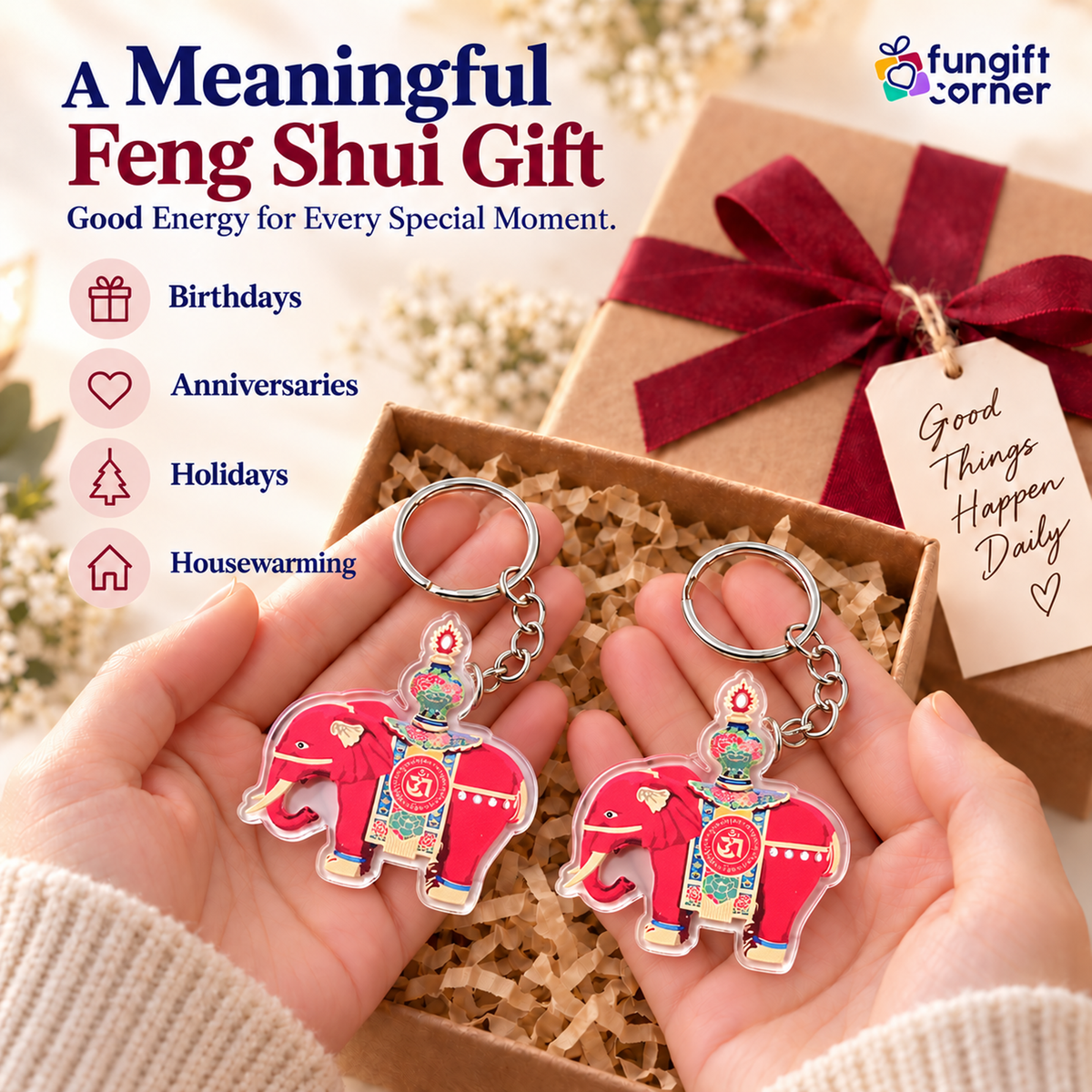 Red Prosperity Elephant Amulet Feng Shui Keychain (2 Pack)