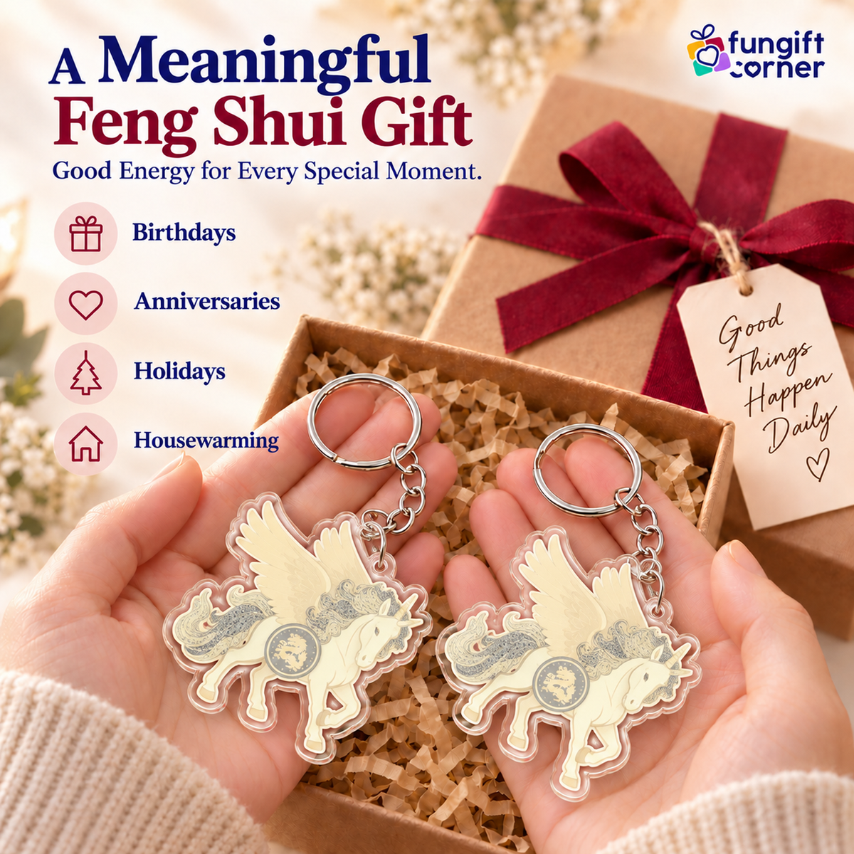 Feng Shui Sky Unicorn with Spirit Essence Amulet Keychains (2 Pack)