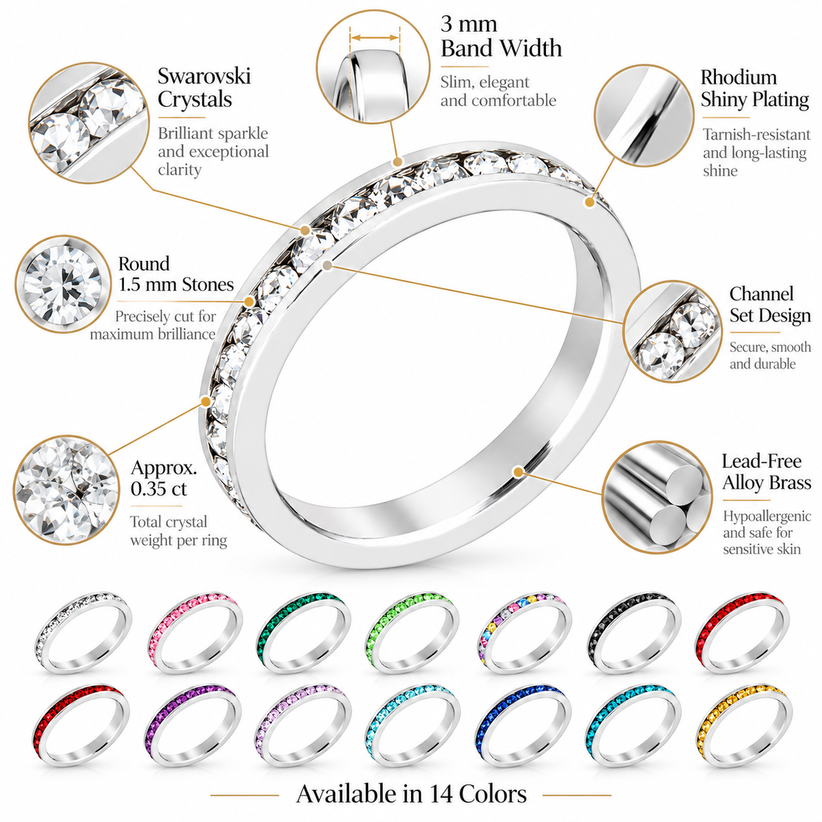 Birthstone Crystal Stackable Eternity Band Ring, Rhodium-Plated, Swarovski Crystal, 14 Colors
