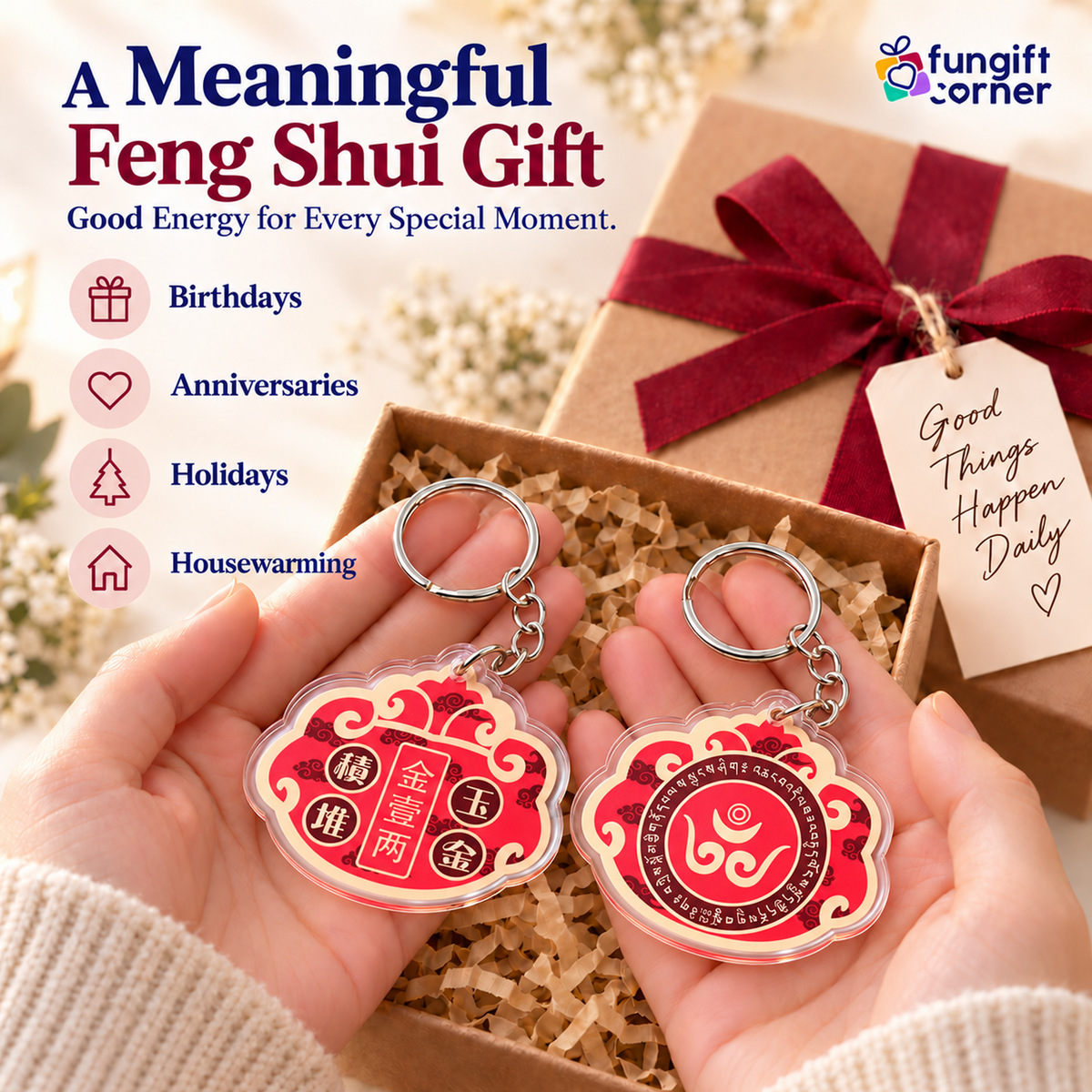 Feng Shui Traditional Wealth Lock Coin Amulet Keychains (2 Pack)