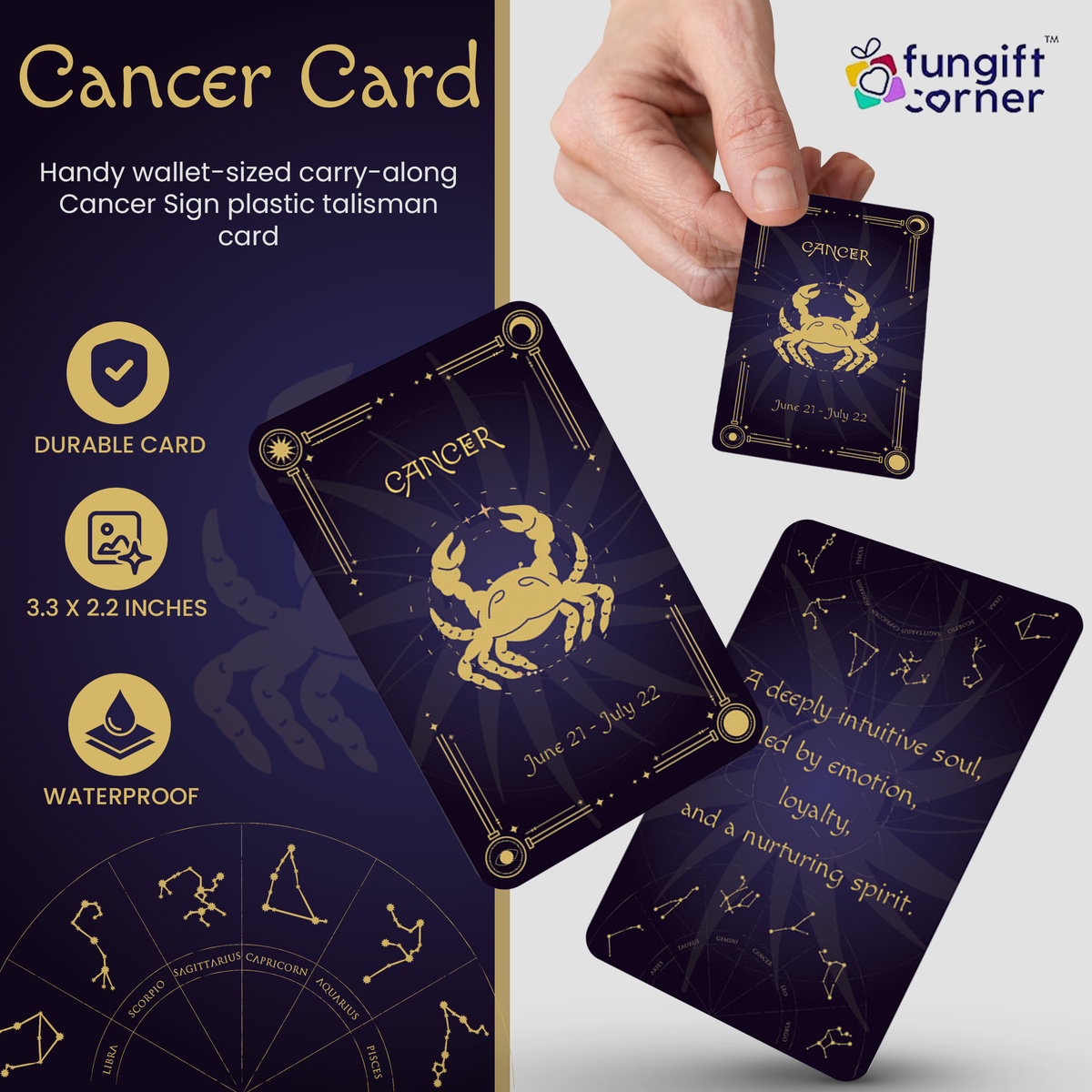 Cancer Zodiac Gift Set, Astrology Horoscope Keychain and Card, Unique Cancer Birthday Gift for Women and Men, June July Zodiac Sign Constellation Accessory, Made in USA (2-Pack)