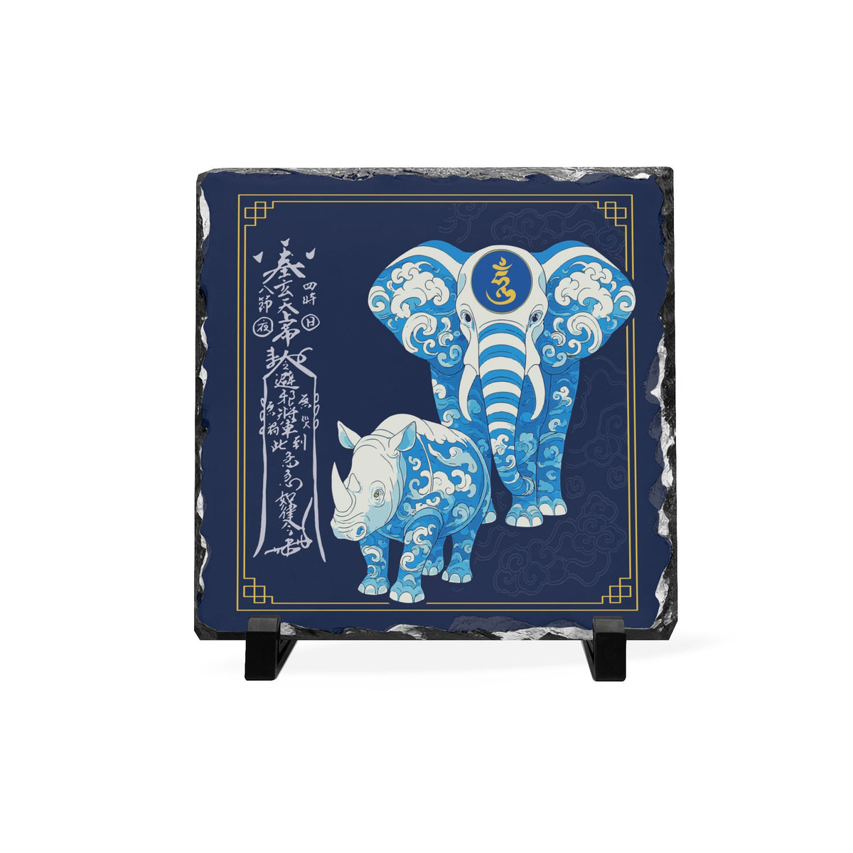 Anti Burglary Feng Shui Slate Plaque, Blue Rhino and  Elephant