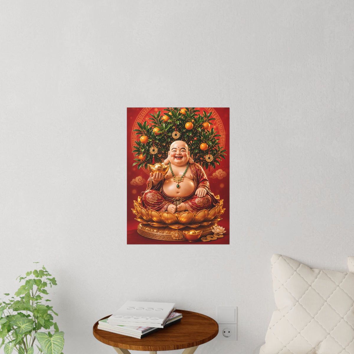 Laughing Buddha Wall Decal, Feng Shui Prosperity Art with Mandarin Tree and Gold Ingot