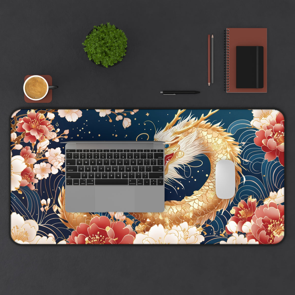 Golden Chinese Dragon Feng Shui Desk Mat, Wealth, Prosperity & Yang Energy Office Decor, 16x32 Neoprene Large Mouse Pad Gift