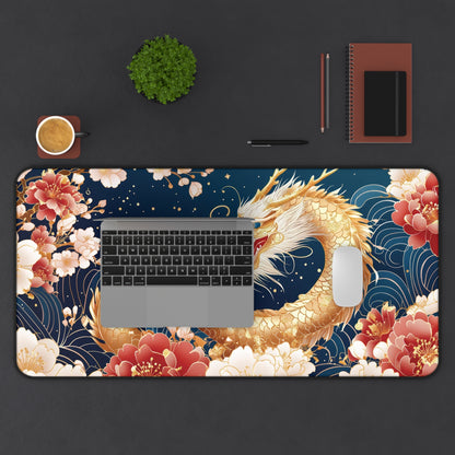 Golden Chinese Dragon Feng Shui Desk Mat, Wealth, Prosperity & Yang Energy Office Decor, 16x32 Neoprene Large Mouse Pad Gift