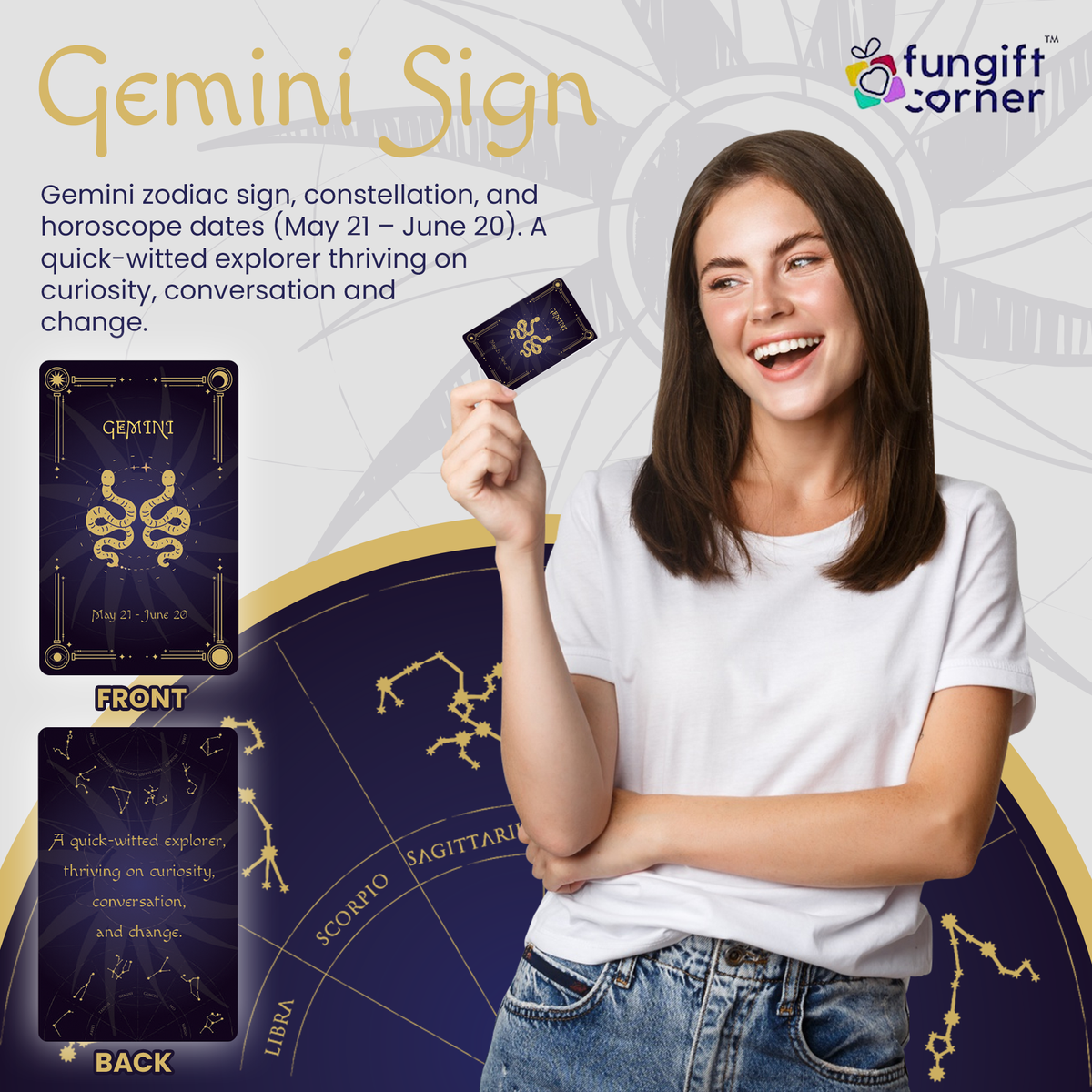 Gemini Zodiac Gift Set, Astrology Horoscope Keychain and Card, Unique Gemini Birthday Gift for Women and Men, May June Zodiac Sign Constellation Accessory, Made in USA (2-Pack)