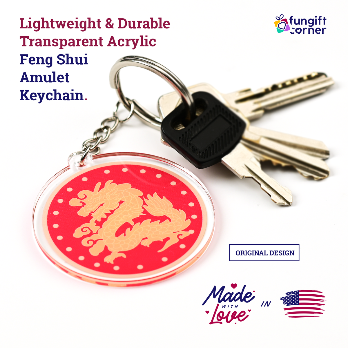 Feng Shui Auspicious Dragon Amulet Keychains, Acrylic (2 Pack)