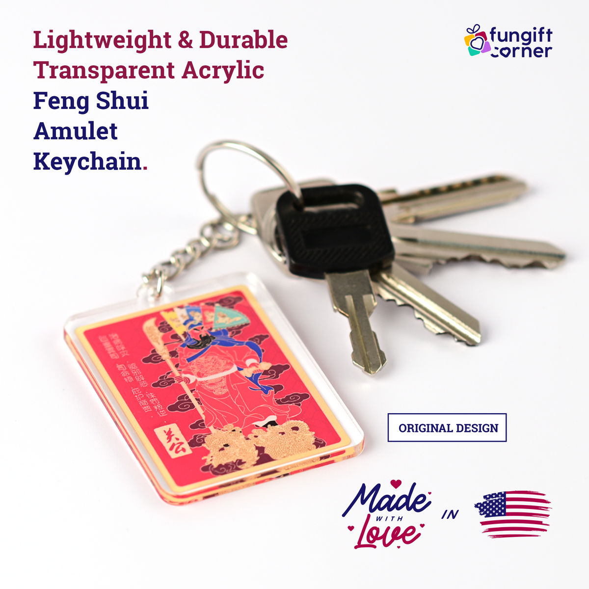 Magnificent Kwan Kung with 5 Flags Amulet Feng Shui Keychains (2 Pack)