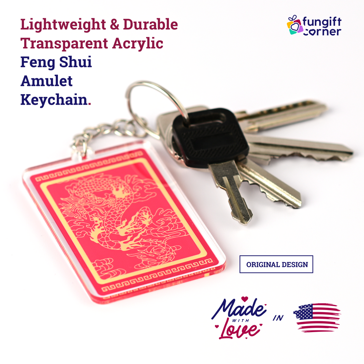 Prosperity Flag with Dragon Amulet Feng Shui Keychains (2 Pack)