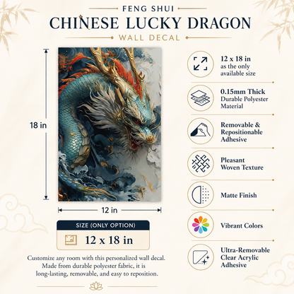 Chinese Dragon Wall Decal, Feng Shui Lucky Dragon Wall Art, Blue Asian Dragon Poster, Removable 12x18 Home Office Decor