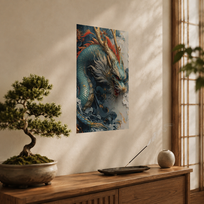 Chinese Dragon Wall Decal, Feng Shui Lucky Dragon Wall Art, Blue Asian Dragon Poster, Removable 12x18 Home Office Decor
