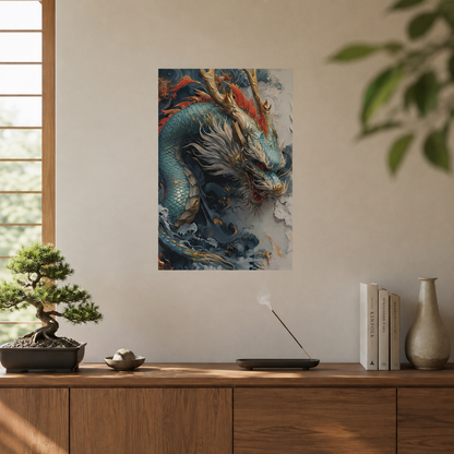 Chinese Dragon Wall Decal, Feng Shui Lucky Dragon Wall Art, Blue Asian Dragon Poster, Removable 12x18 Home Office Decor