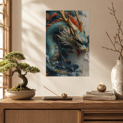 Chinese Dragon Wall Decal, Feng Shui Lucky Dragon Wall Art, Blue Asian Dragon Poster, Removable 12x18 Home Office Decor
