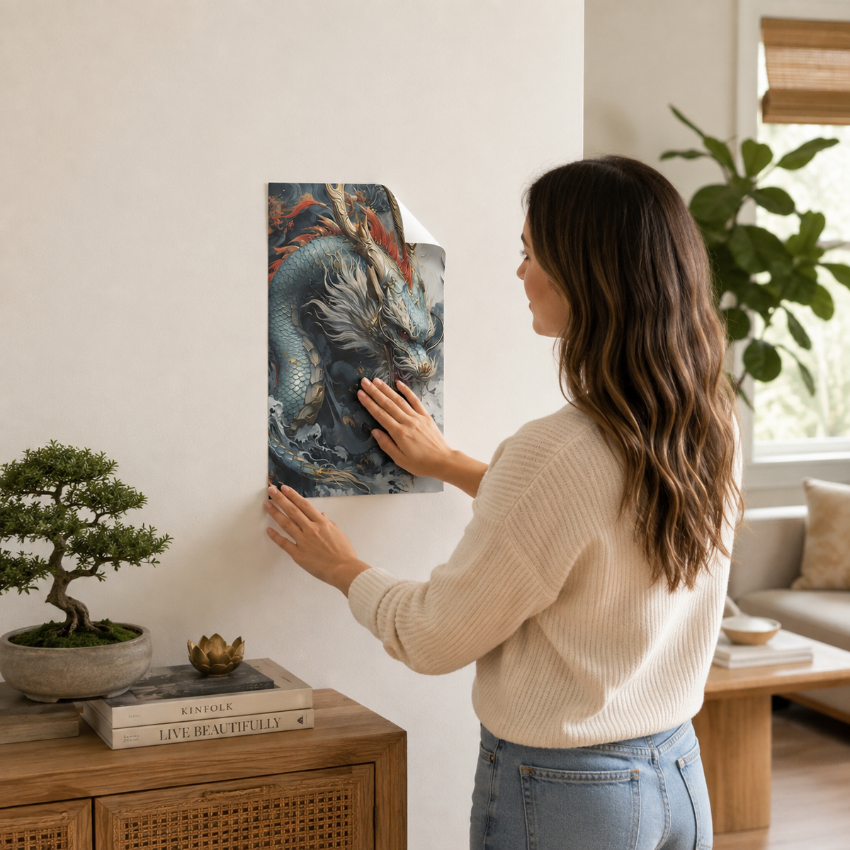 Chinese Dragon Wall Decal, Feng Shui Lucky Dragon Wall Art, Blue Asian Dragon Poster, Removable 12x18 Home Office Decor