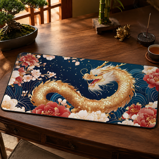 Golden Chinese Dragon Feng Shui Desk Mat, Wealth, Prosperity & Yang Energy Office Decor, 16x32 Neoprene Large Mouse Pad Gift